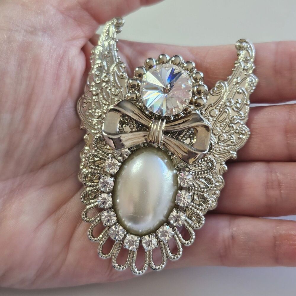 Jane 1996 Silver Tone Angel Brooch Faux Pearl Clear Rhinestone Accents